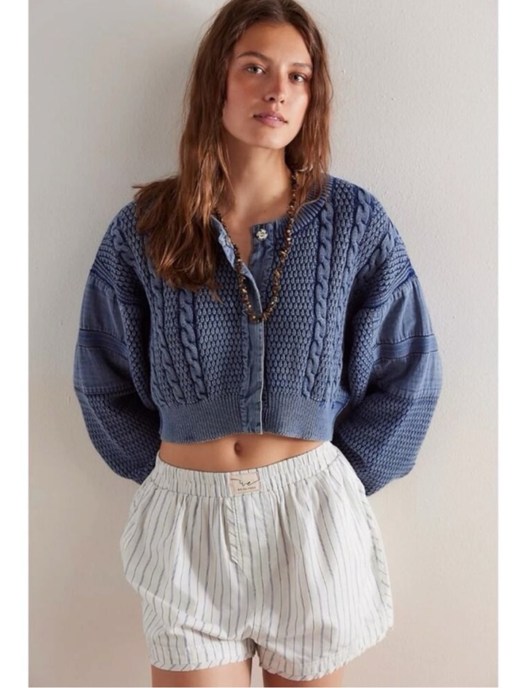 Free People Patchwork Chunky Cable Knit Heritage Cardi Cardigan Sweater Large